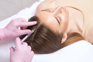 Mujer recibiendo tratamiento de mesoterapia capilar en clínica estética de Barcelona